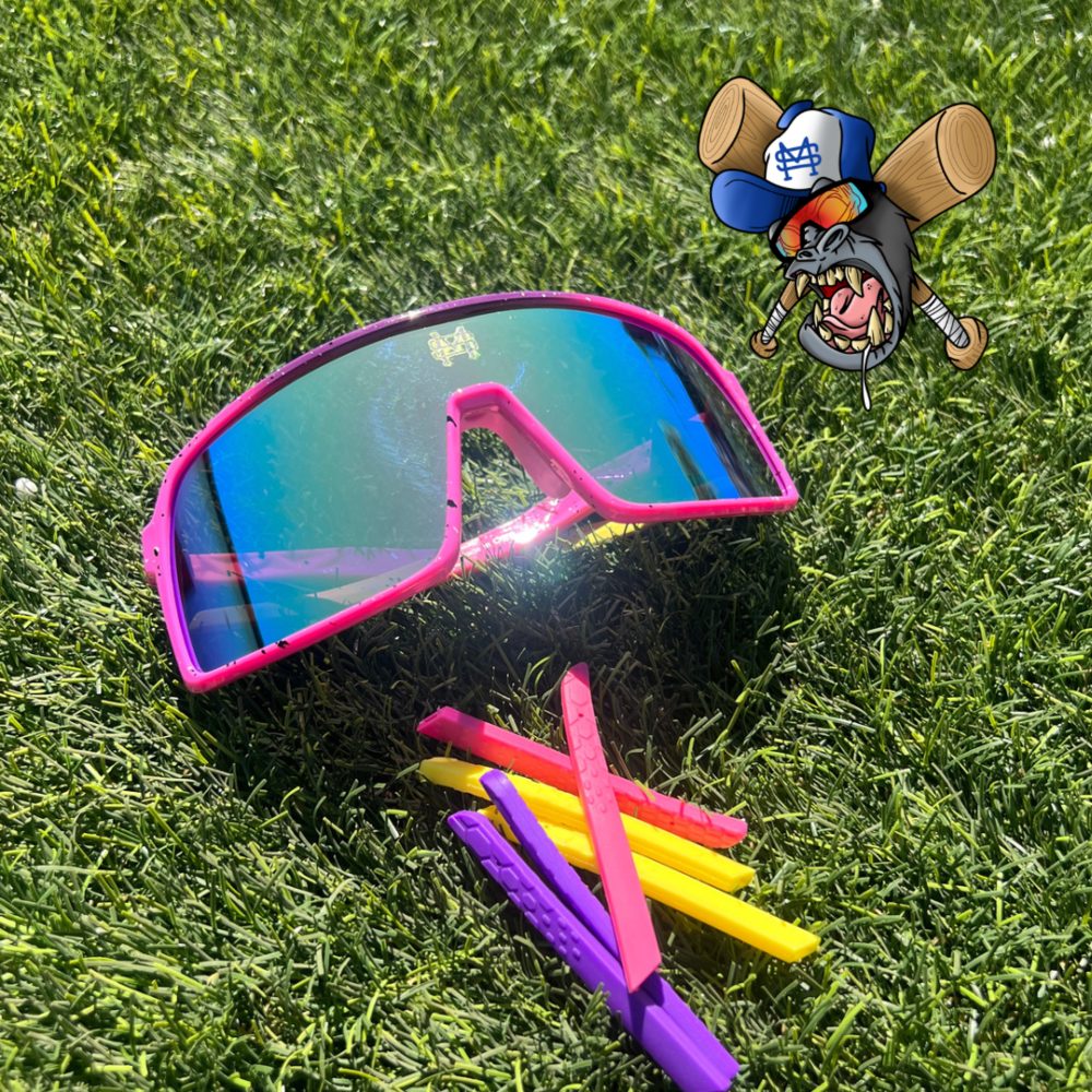 A META SHADES “LAFFY TAFFY”- Pink/Purple/Yellow with Paint Spec-Chrome/Pink/Blue Lens (Polarized Lens)